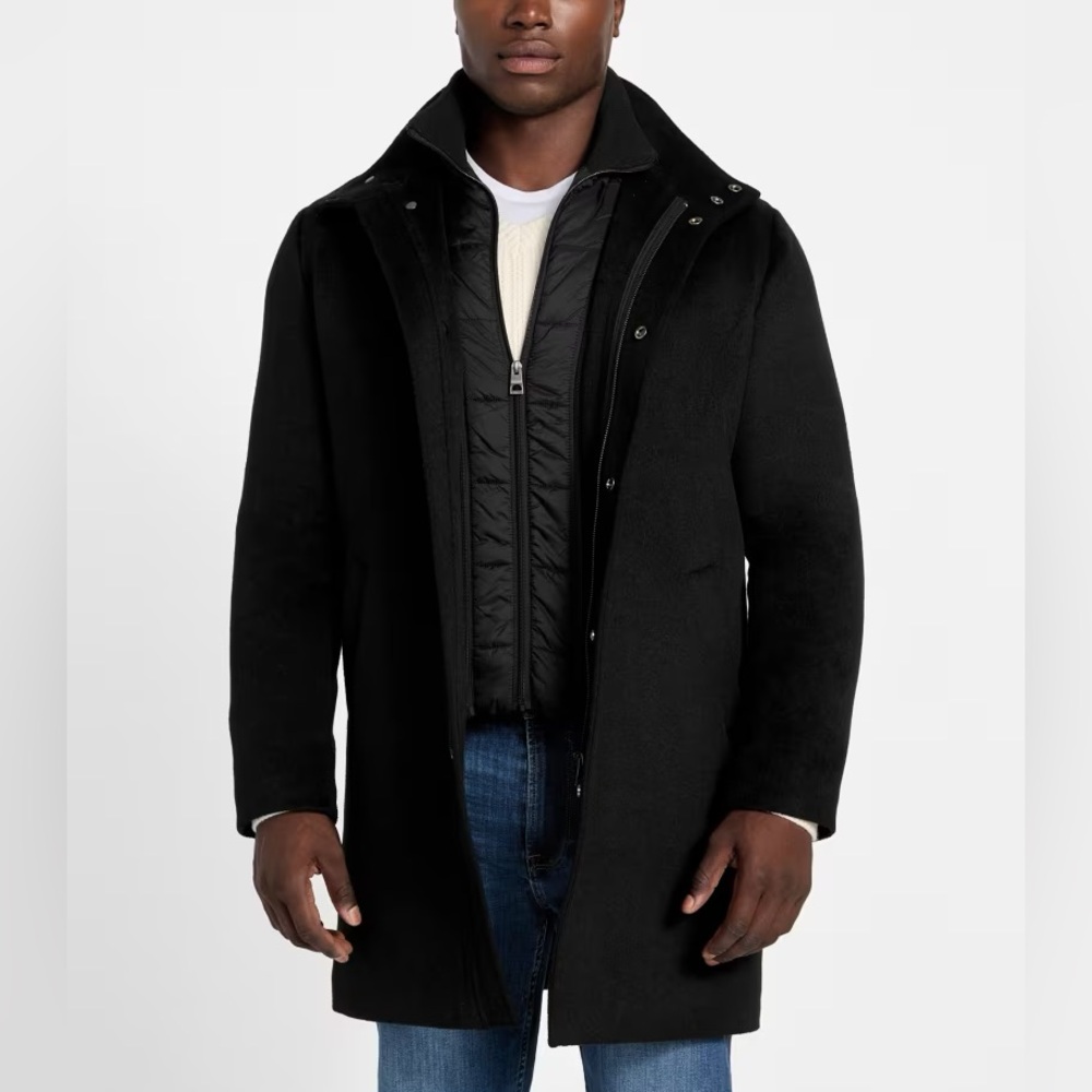 Uisicuvos black wool-blend overcoat with detachable hooded bib men’s large